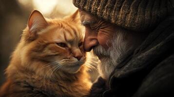 A touching moment between an elderly man and his orange cat, showcasing a bond characterized by warmth and affection in a cozy, natural setting. photo