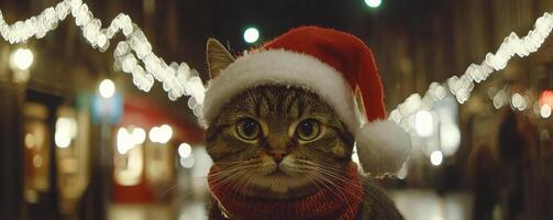 A festive cat in a Santa hat and scarf poses in a charming, illuminated street scene, capturing the holiday spirit. photo