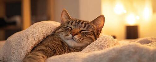 A cozy tabby cat sleeps peacefully under a soft blanket, illuminated by warm, ambient lighting in a serene, comfortable space. photo