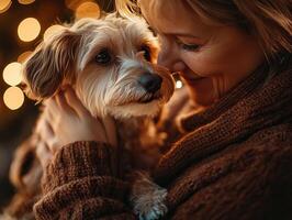 A warm moment shared between a woman and her dog, surrounded by soft lights, capturing love and companionship. photo