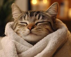 A cozy cat wrapped in a soft towel, appearing content and relaxed, with a peaceful expression in a warm indoor setting. photo
