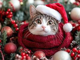 A cute cat wearing a Santa hat, nestled in festive decorations of red and gold ornaments, surrounded by greenery. photo