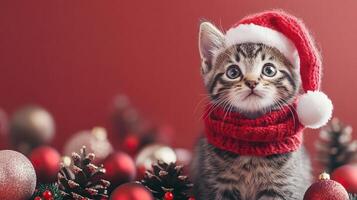 A cute kitten wearing a Santa hat and a red scarf, surrounded by festive ornaments and pine cones, perfect for holiday cheer. photo