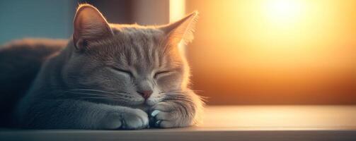 A serene orange cat peacefully sleeping in warm sunlight, exuding a calm and cozy atmosphere. photo