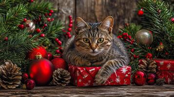 A cozy cat rests on a decorative gift surrounded by festive decorations, pinecones, and holiday greenery, embodying a warm Christmas atmosphere. photo