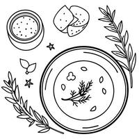 Pumpkin and carrot Cream soup on rustic wooden table. Autumn Pumpkin cream-soup with rosemary herb and croutons. Top view. Copy space. vector