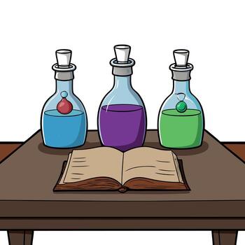 Glass bottles filled with magical potions displayed on an antique wooden table Ample room for notes With copyspace for text vector