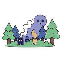 Digital art of a haunted forest and scary figures emerging from smoke. vector