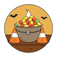 A vibrant display of candy corn in a bowl on a rustic table for Halloween. A Halloween themed background with copy space. vector