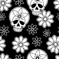 Seamless texture skulls with flowers on dark background. illustration vector