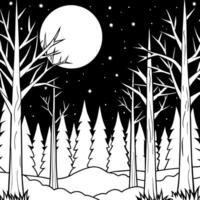 Mystical spooky forest at night with full moon. Halloween background vector