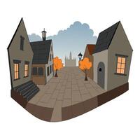Misty Autumn Street in Small Old Town Halloween Environment 3D Art Illustration. Mystical Empty Alley with Lights of Oldtown Scenic Background. AI Neural Network Art Wallpaper vector