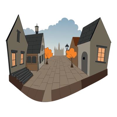 Misty Autumn Street in Small Old Town Halloween Environment 3D Art Illustration. Mystical Empty Alley with Lights of Oldtown Scenic Background. AI Neural Network Art Wallpaper