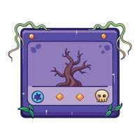 Scary creepy magic jungle purple border with a dry liana vine with glow and twisted branches for game user interface design. Cartoon modern illustration set of scary creepy magic jungle. vector
