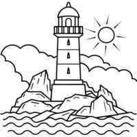 Mysterious haunted lighthouse in a stormy ocean on a tiny rocky island. vector