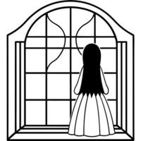 Ghost girl silhouette standing in front of window. vector