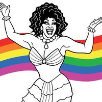 Fictional Black Drag Queen. Man dressed up as a woman on vibrantly coloured background for pride month or black history month. performance art. fictional person created with vector
