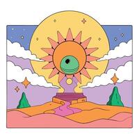 Digital art concept of a psychedelic trippy surreal painting of a fairy sunset with a big glowing sun. created with vector