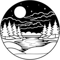 Night mystical scenery. Full moon over the foggy river and its reflection in the still water. vector