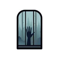 Silhouette of a hand on a glass window with blurred foggy forest background vector