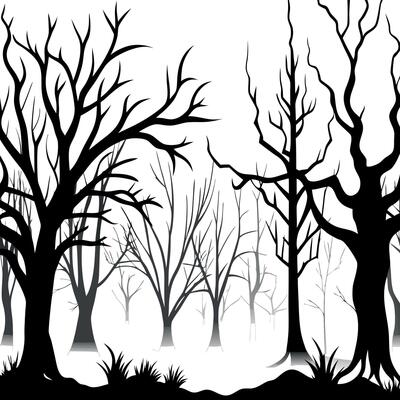 Frozen trees in the fog. Horror halloween background.Digital art