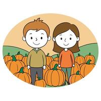 Happy young couple in pumpkin patch field vector