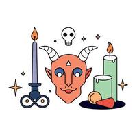 Magical composition with the head of a horned Demon. Candle and other ritual accessories vector