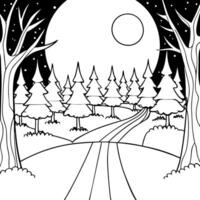 Path in dark fairy tale forest with big full moon glowing vector