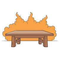Empty Wooden table in front of a background of fire and smoke. vector