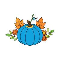 Autumn floral elements with blue pumpkin watercolor isolated vector