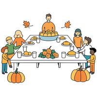 An Illustration of a Community Potluck with Tables Laden with Autumn Harvest vector