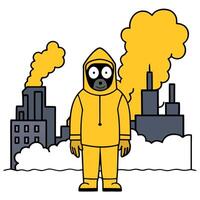 Man in a protective yellow suit and gas mask front of a burning destroyed city nuke war vector