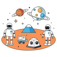 Exploration of outer space with a scene featuring AI-driven robots on extraterrestrial missions. rovers and drones exploring alien landscapes. showcasing the technological vector
