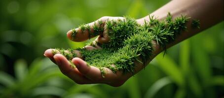 Mother Nature depicted as hand covered in grass within an ecofriendly Gaia concept image photo