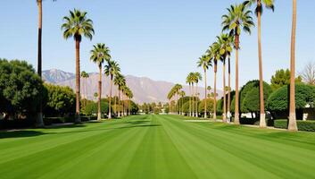 Picturesque golf course featuring palm trees and lush green lawn in Palm Springs photo