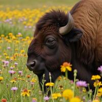 Buffalo in flowerfilled field photo