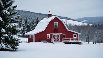 Wintery rustic barn scene embellished with holiday decorations amidst snowcovered pine trees rolling hills photo