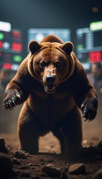 Fierce bear prevails over volatile declining stock charts in bearish competition photo