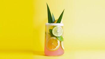 A vibrant tropicalinspired cocktail with lemon and palm leaves against a sunny yellow backdrop photo