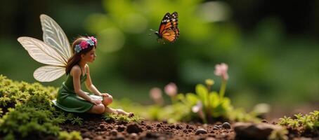 Fairy sitting on ground with flower crown Butterfly hovering overhead photo