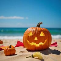 Vibrant Halloween scene JackOLantern on beach ideal for promotions events copy space photo