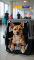 Travelling with pet dog at airport terminal in carrier photo