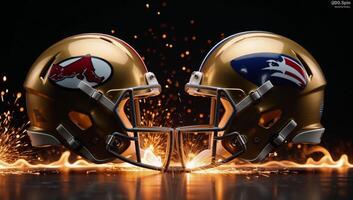 Dramatic showdown between two football helmets surrounded by sparks and flames photo