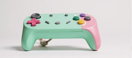 Retrostyled game controller with colorful pastel greenpink case is depicted on a clean white backdrop photo