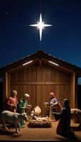 Nativity Scene Serene depiction of Jesus shepherds and animals beneath a starlit sky photo
