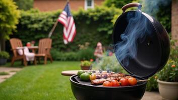 Smoky grill and waving American flag set against lush verdant garden for a rusticchic Labor Day cookout ambiance photo
