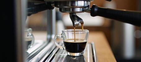 Sketch of a steaming espresso machine serving coffee into a cup against a blurry caf backdrop photo