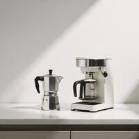 Sleek moka pot modern coffee maker displayed on minimalist kitchens marble countertop in soft morning light photo