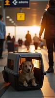Cute dog traveling at golden hour with airport background pet carrier photo