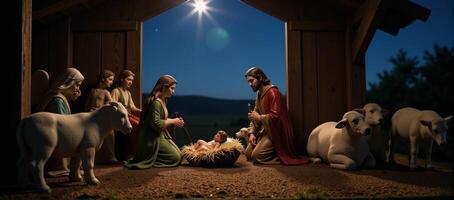 A tranquil nativity scene with baby Jesus animals and the traditional manger beneath twinkling stars photo